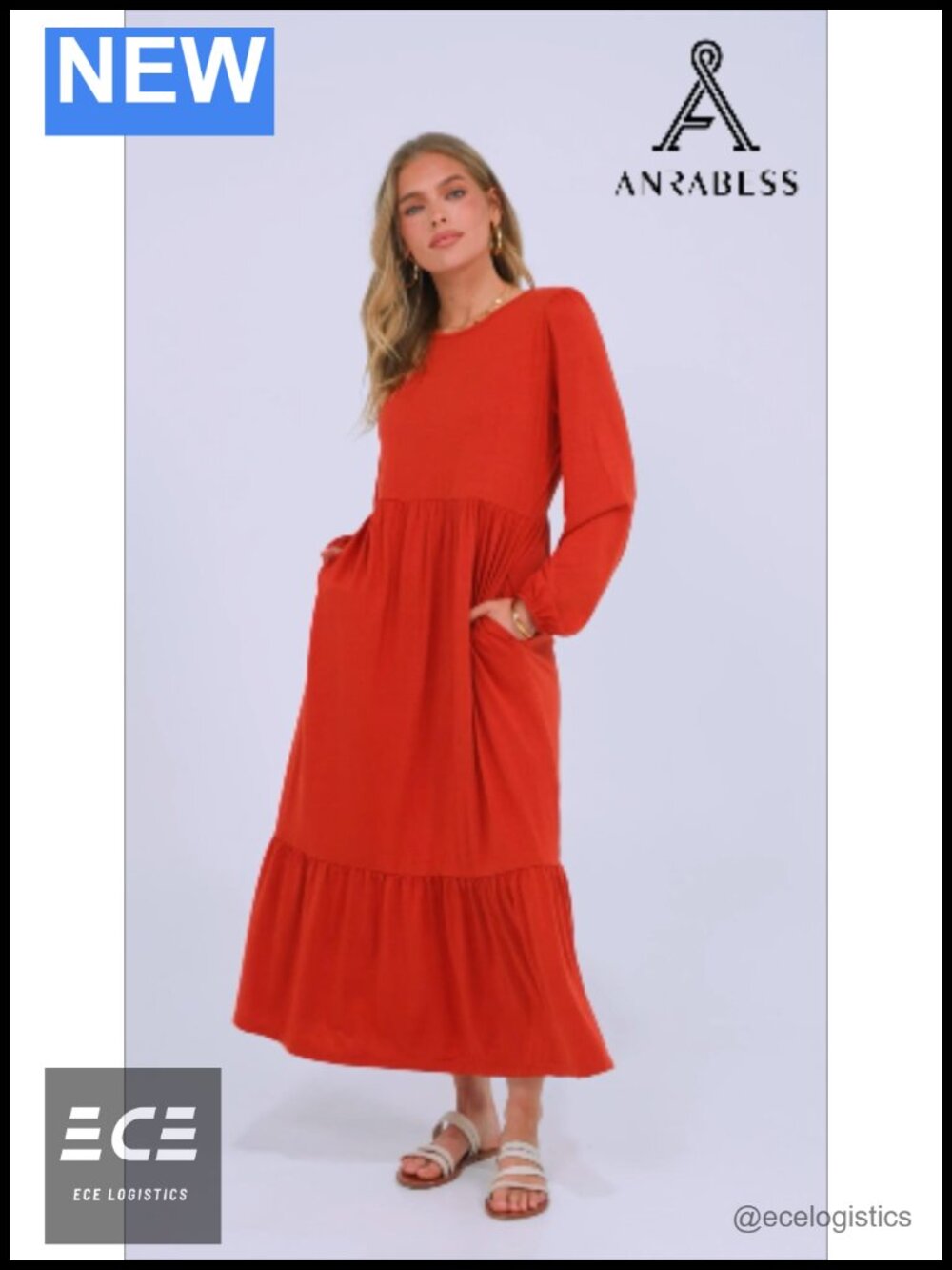 Women's Long Sleeve Flowy Tiered Midi Dress A-Line Crew Neck Pockets - Picture 6 of 6